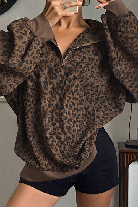 HIDDEN GEMS | Leopard Corduroy Quarter-Zip Sweatshirt