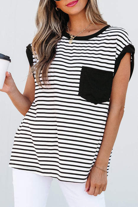 HIDDEN GEMS Stripe Contrasting Top w/Pocket