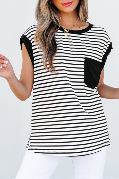 HIDDEN GEMS Stripe Contrasting Top w/Pocket