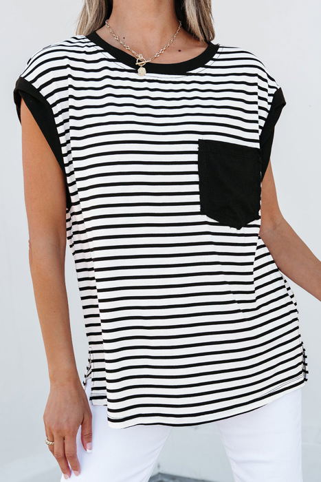 HIDDEN GEMS Stripe Contrasting Top w/Pocket