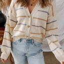  HIDDEN GEMS | Stripe V-Neck Drop Shoulder Buttoned Cardigan Sweater