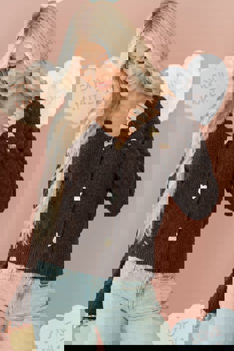 HIDDEN GEMS | Valentine Heart Metal Buttoned V-Neck Cardigan