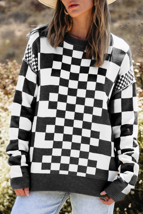 HIDDEN GEMS | Checker Round Neck Drop Shoulder Sweater