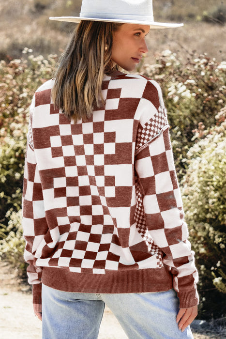 HIDDEN GEMS | Checker Round Neck Drop Shoulder Sweater