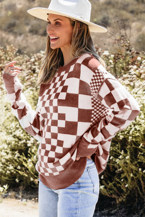 HIDDEN GEMS | Checker Round Neck Drop Shoulder Sweater