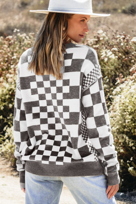 HIDDEN GEMS | Checker Round Neck Drop Shoulder Sweater