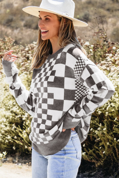 HIDDEN GEMS | Checker Round Neck Drop Shoulder Sweater