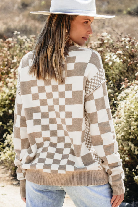 HIDDEN GEMS | Checker Round Neck Drop Shoulder Sweater