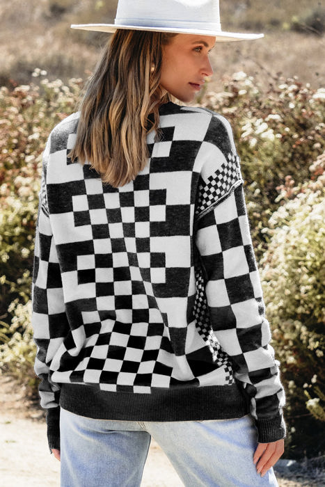 HIDDEN GEMS | Checker Round Neck Drop Shoulder Sweater