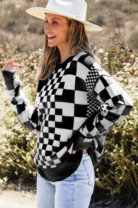HIDDEN GEMS | Checker Round Neck Drop Shoulder Sweater