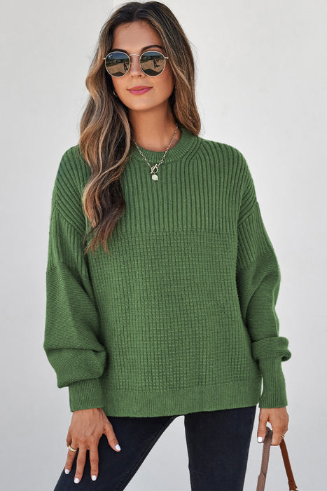 HIDDEN GEMS | Solid Textured Patchwork Knit Crewneck Sweater