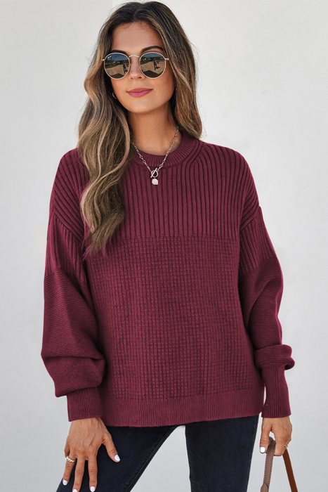 HIDDEN GEMS | Solid Textured Patchwork Knit Crewneck Sweater