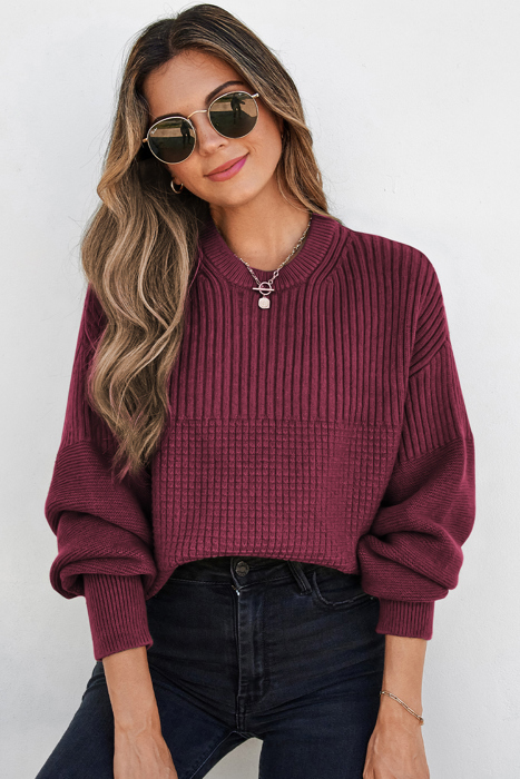 HIDDEN GEMS | Solid Textured Patchwork Knit Crewneck Sweater