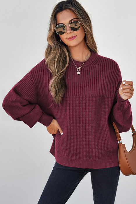 HIDDEN GEMS | Solid Textured Patchwork Knit Crewneck Sweater