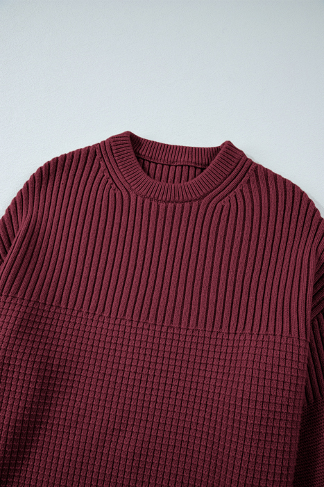 HIDDEN GEMS | Solid Textured Patchwork Knit Crewneck Sweater