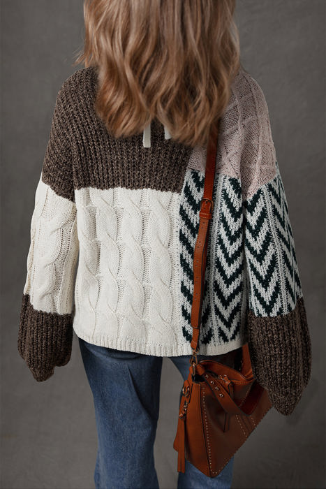 HIDDEN GEMS | Colorblock Cable Knit Patchwork Tied Back Sweater