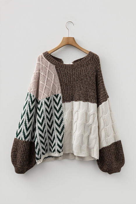 HIDDEN GEMS | Colorblock Cable Knit Patchwork Tied Back Sweater