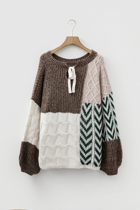 HIDDEN GEMS | Colorblock Cable Knit Patchwork Tied Back Sweater