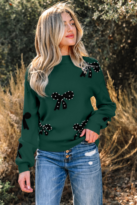 HIDDEN GEMS | Bow Pearl Embellished Drop Shoulder Sweater