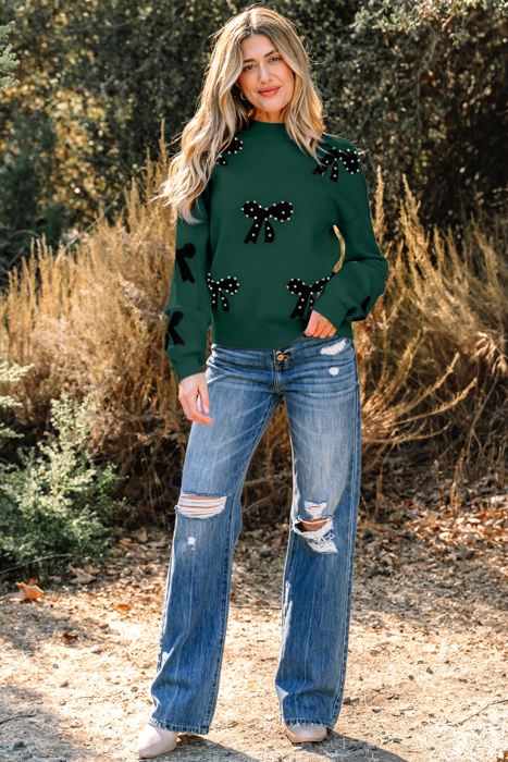 HIDDEN GEMS | Bow Pearl Embellished Drop Shoulder Sweater