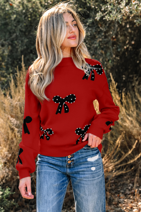 HIDDEN GEMS | Bow Pearl Embellished Drop Shoulder Sweater