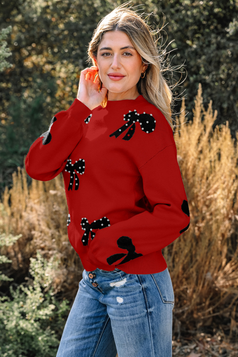 HIDDEN GEMS | Bow Pearl Embellished Drop Shoulder Sweater