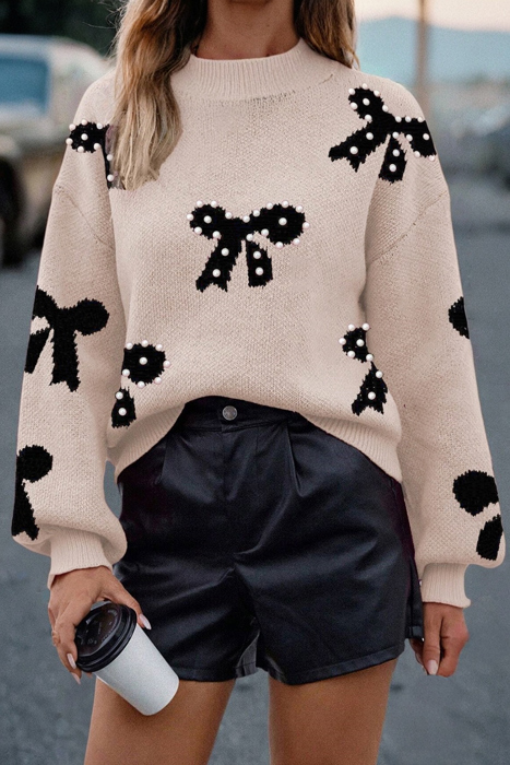 HIDDEN GEMS | Bow Pearl Embellished Drop Shoulder Sweater