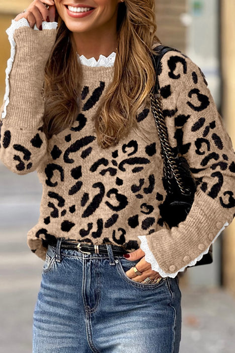 HIDDEN GEMS | Leopard Lace Trim Buttoned Cuff Sweater
