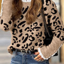 Brown Small HIDDEN GEMS | Leopard Lace Trim Buttoned Cuff Sweater