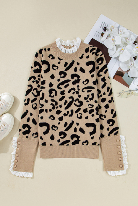 HIDDEN GEMS | Leopard Lace Trim Buttoned Cuff Sweater