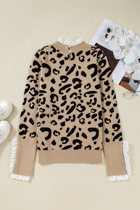 HIDDEN GEMS | Leopard Lace Trim Buttoned Cuff Sweater