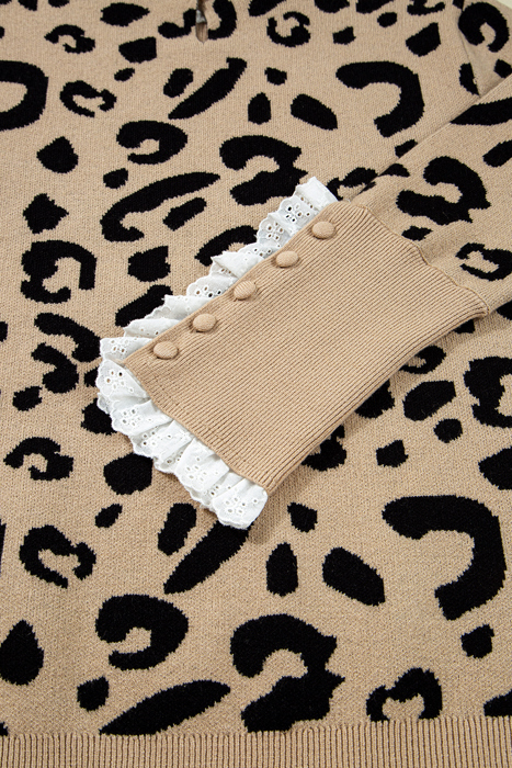 HIDDEN GEMS | Leopard Lace Trim Buttoned Cuff Sweater