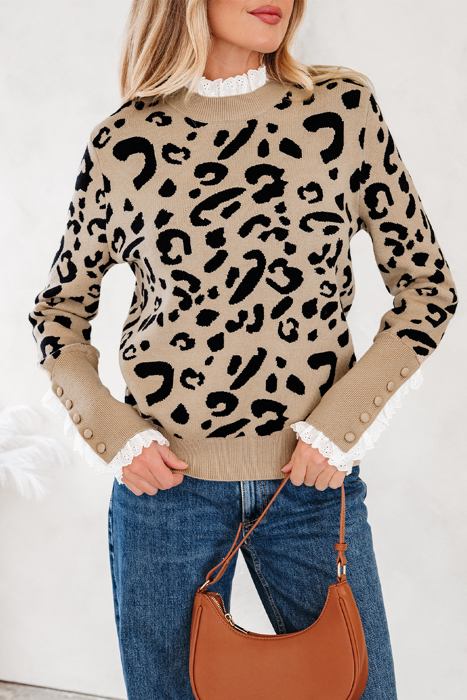 HIDDEN GEMS | Leopard Lace Trim Buttoned Cuff Sweater