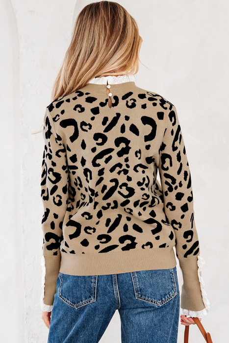 HIDDEN GEMS | Leopard Lace Trim Buttoned Cuff Sweater