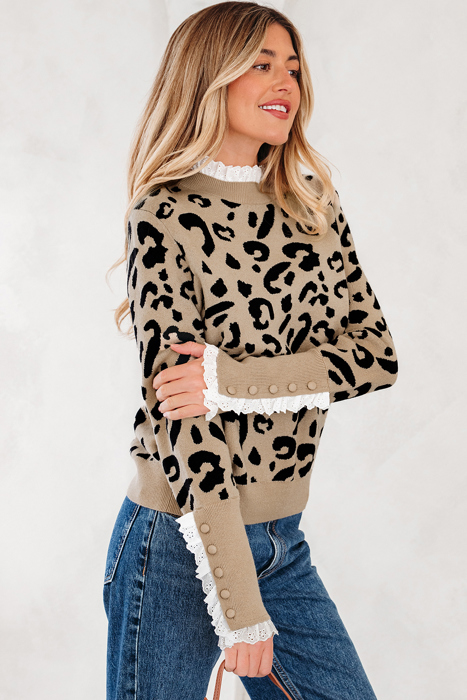 HIDDEN GEMS | Leopard Lace Trim Buttoned Cuff Sweater