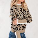  HIDDEN GEMS | Leopard Lace Trim Buttoned Cuff Sweater