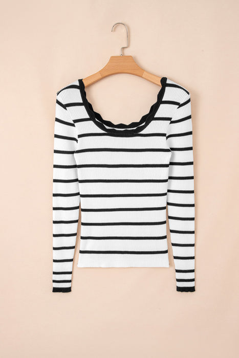 HIDDEN GEMS | Stripe Scalloped Scoop Neck Ribbed Knit Sweater
