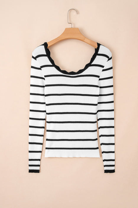HIDDEN GEMS | Stripe Scalloped Scoop Neck Ribbed Knit Sweater