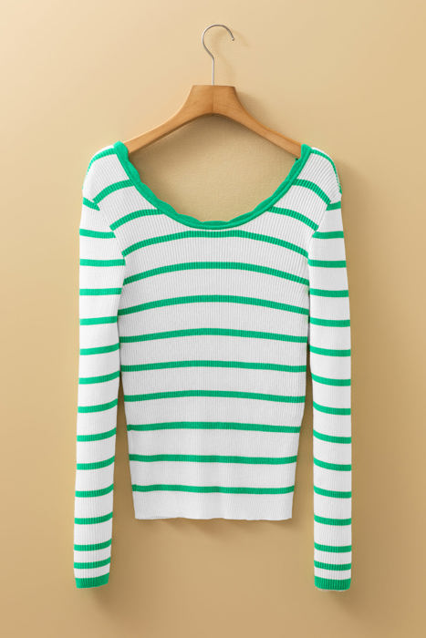 HIDDEN GEMS | Stripe Scalloped Scoop Neck Ribbed Knit Sweater
