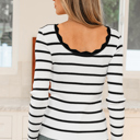  Stripe Scalloped Scoop Neck Ribbed Knit Sweater