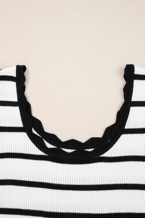 Stripe Scalloped Scoop Neck Ribbed Knit Sweater