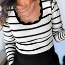  HIDDEN GEMS | Stripe Scalloped Scoop Neck Ribbed Knit Sweater