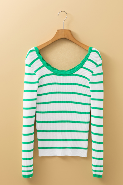 HIDDEN GEMS | Stripe Scalloped Scoop Neck Ribbed Knit Sweater