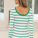  Stripe Scalloped Scoop Neck Ribbed Knit Sweater