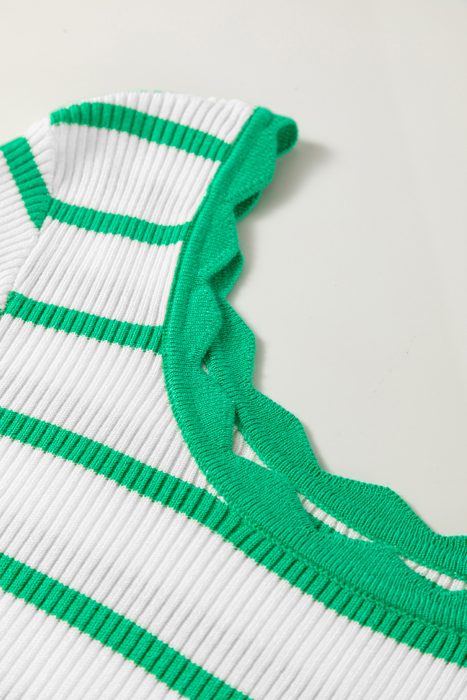 Stripe Scalloped Scoop Neck Ribbed Knit Sweater