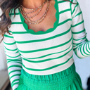 Bright Green Small HIDDEN GEMS | Stripe Scalloped Scoop Neck Ribbed Knit Sweater