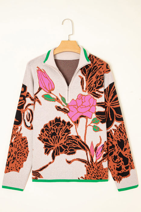 HIDDEN GEMS | Floral Knit Quarter-Zip Long Sleeve Sweater