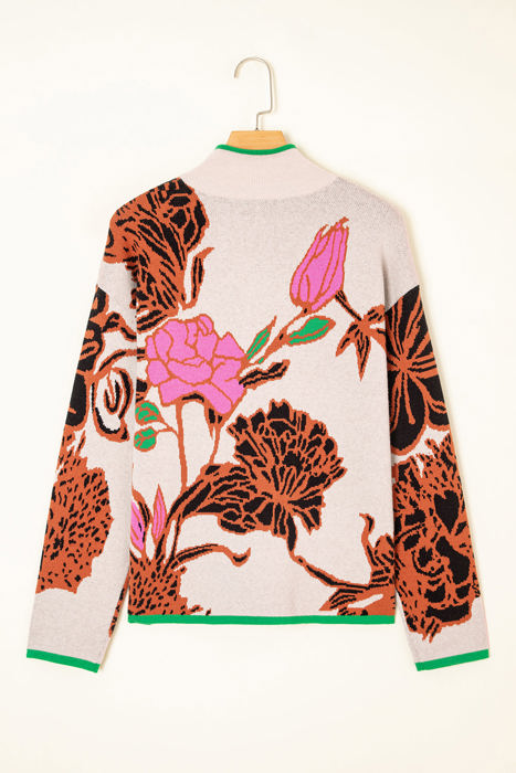 HIDDEN GEMS | Floral Knit Quarter-Zip Long Sleeve Sweater