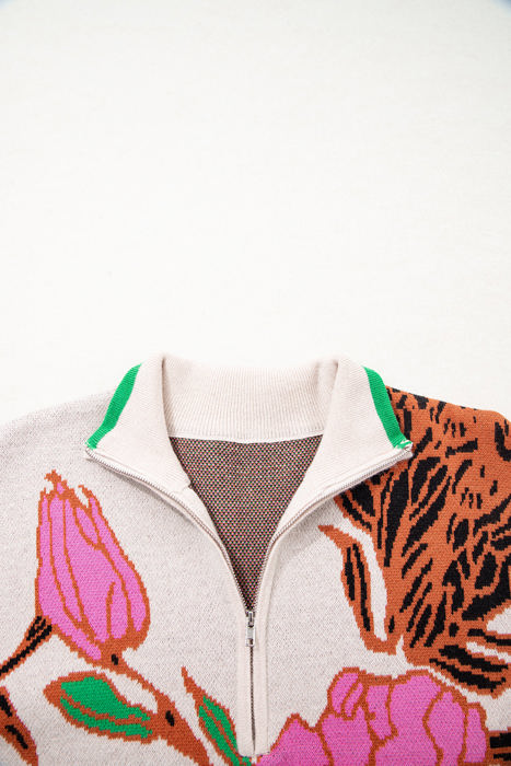 HIDDEN GEMS | Floral Knit Quarter-Zip Long Sleeve Sweater