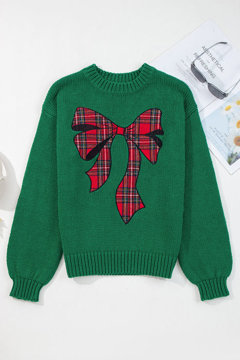 HIDDEN GEMS | Christmas Plaid Bow Drop Shoulder Sweater